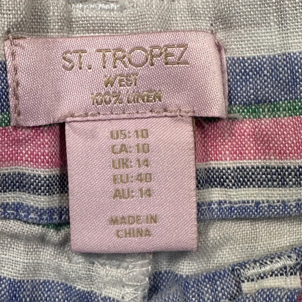 St. Tropez West 100% Linen Striped Shorts Summer‎ Beach Blue Pink Green Size 10